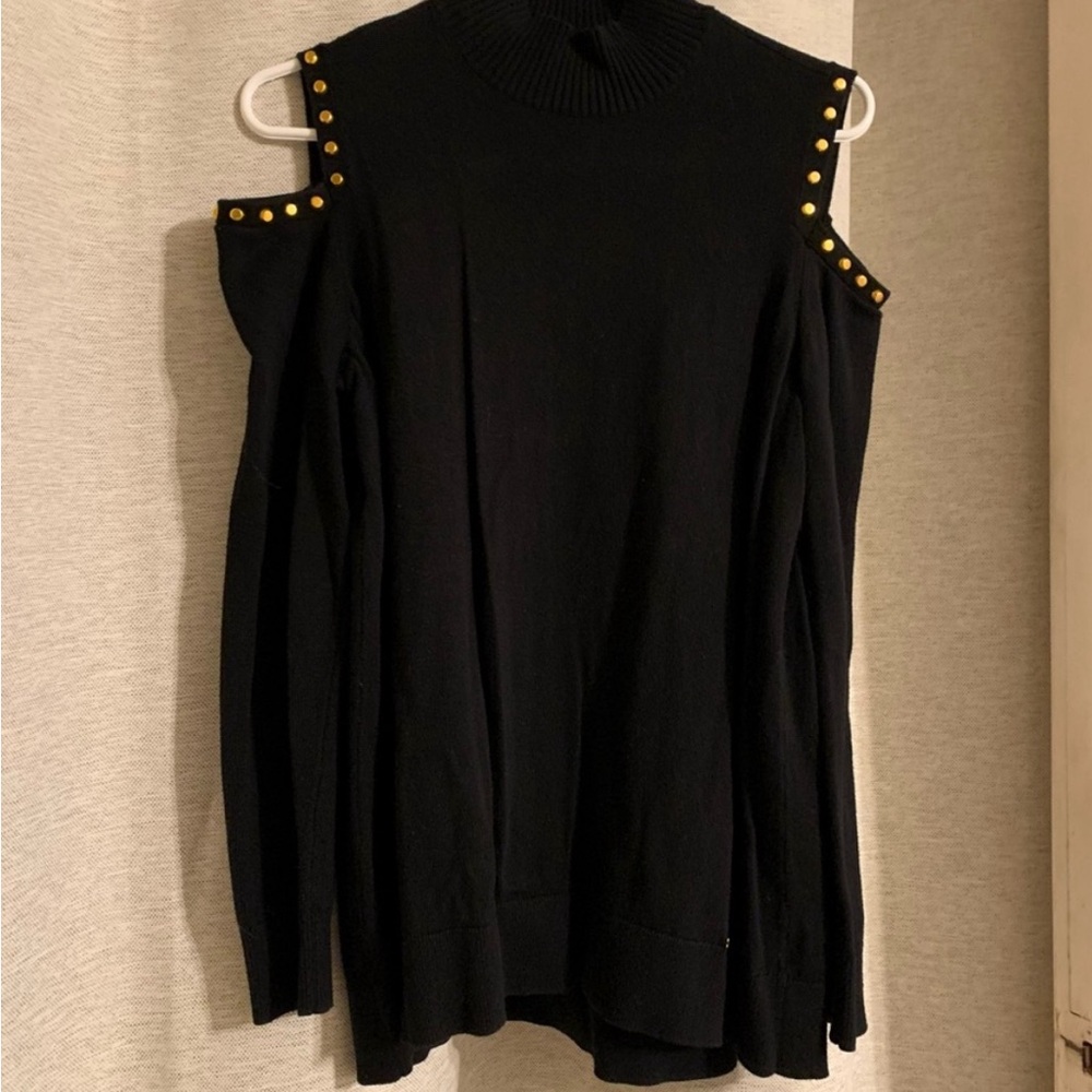 Michael Kors Black Cold Shoulder Sweater with Gold Decorative Accent Size Medium